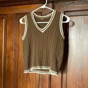 John Galt PacSun Women’s Brown White Stripe 100% Cotton Knit Cable Sweater Vest